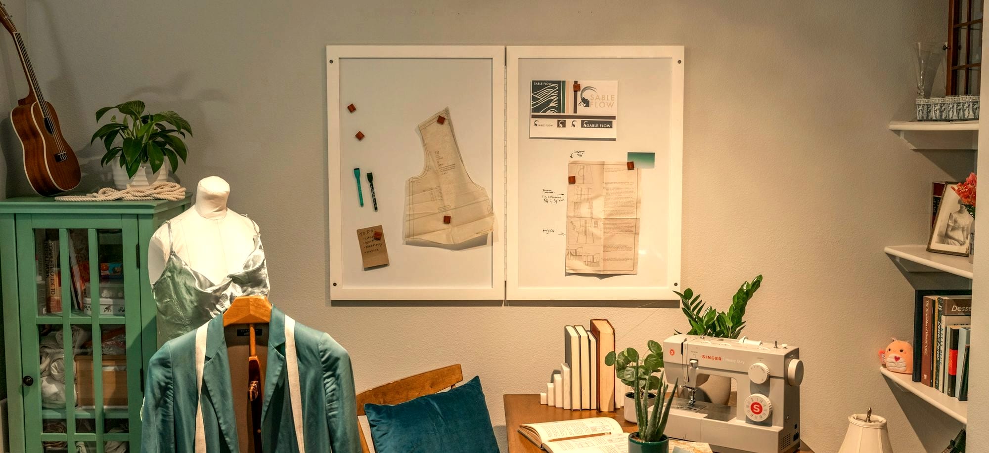 The workroom in daylight — a pattern board on the wall, a machine and the cutting table